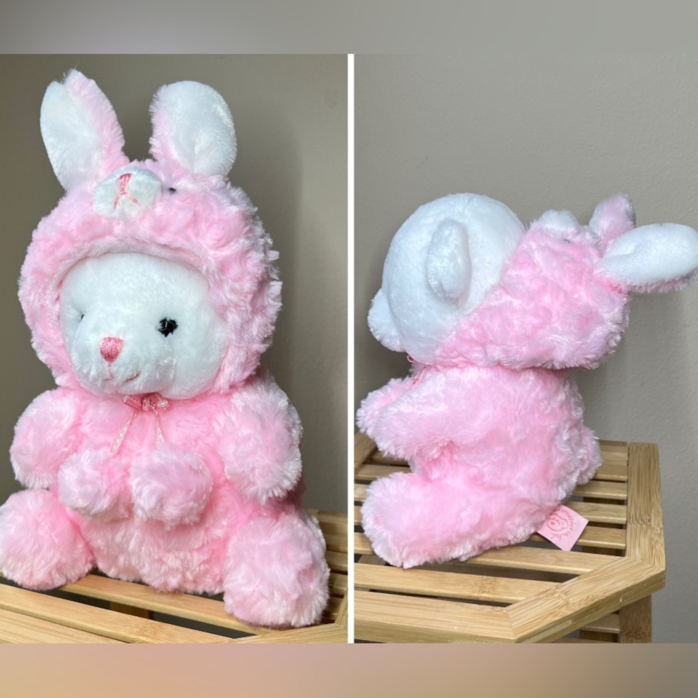 Authentic Ezen Creation White Teddy Bear in Pink Rose Fur Rabbit Costume Plush